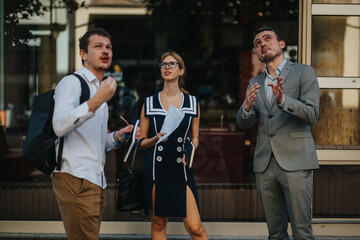 Business professionals actively discuss sales growth and marketing strategies outdoors, analyzing reports to ensure business success in a collaborative and dynamic setting.