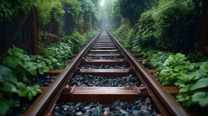 Obraz premium Train Tracks Disappearing into a Lush Green Tunnel