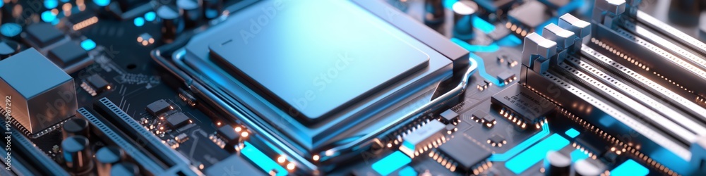 Aufkleber a close up of a computer chip with blue and silver colors. the chip is made up of many small parts, 