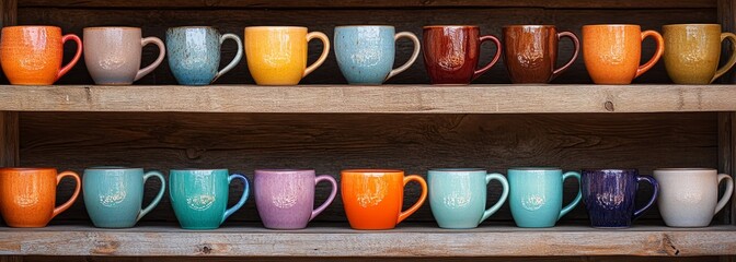 Handmade ceramic mugs on shelves crafts composition background