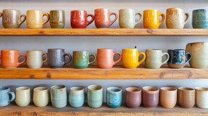 Handmade ceramic mugs on shelves crafts composition background