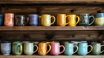 Handmade ceramic mugs on shelves crafts composition background