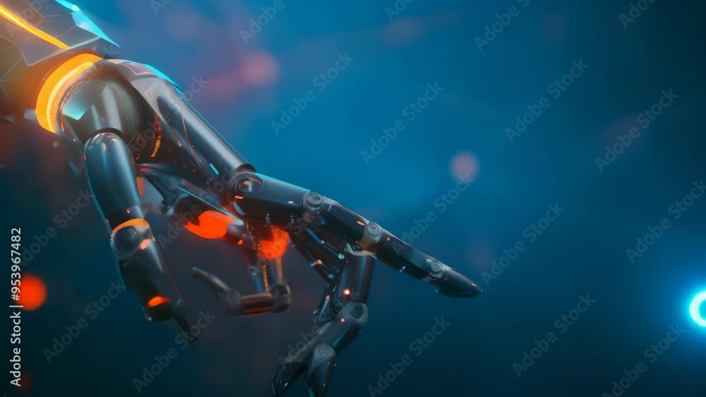 Aufkleber close-up of a robotic hand with glowing circuits in a futuristic blue environment. symbolizing advan