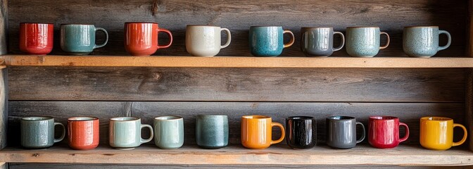 Handmade ceramic mugs on shelves crafts composition background