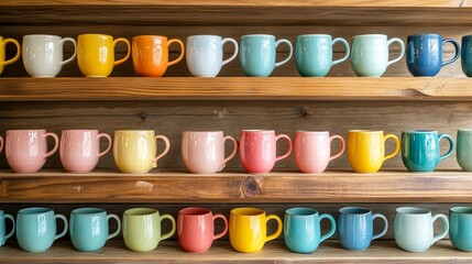 Handmade ceramic mugs on shelves crafts composition background