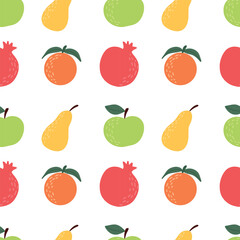 Fruit and berry background, abstract food seamless pattern. Fresh fruits wallpaper with apple, orange, pear, flat icons. Vegetarian grocery vector illustration.