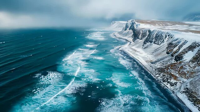 Explore a breathtaking coastal landscape where icy cliffs meet the roaring sea, showcasing waves crashing against the shore under a moody sky in winter.
