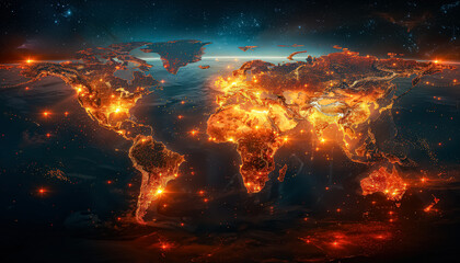 Naklejka premium A map of the world with a lot of fire on it. The fire is orange and yellow and is covering the entire map