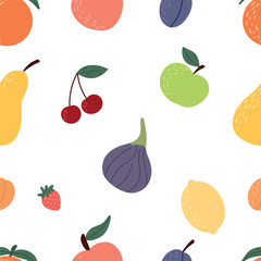 Fruit and berry background, abstract food seamless pattern. Fresh fruits wallpaper with apple, orange, pear, flat icons. Vegetarian grocery vector illustration.