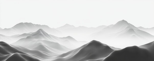 Obraz premium Monochrome mountain landscape with misty peaks and valleys, showcasing the serene and tranquil beauty of nature. Ideal for backgrounds and prints.
