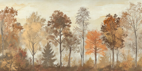 Serene Forest Landscape: Vintage-Style Illustration of Diverse Trees