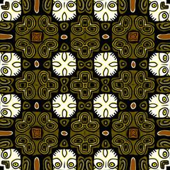 Modern tribal shape mud cloth effect seamless pattern. Stylized Shape doodle in khaki brown color background design of printed patterned fabric repeat.