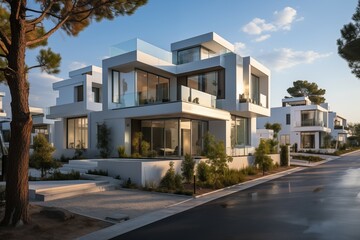 Luxury village road with beautiful and modern houses on the side of the road