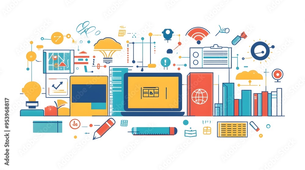 Poster graphic depicting iot connected interactive learning tools and devices for enhancing education in mo