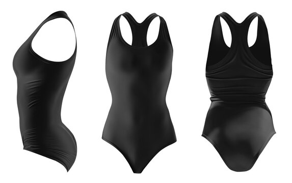 Set of black front back side view, one piece racerback round neck classic silhouette swimsuit swimwear bodysuit leotard on transparent cutout, PNG file. Mockup template for artwork graphic design	