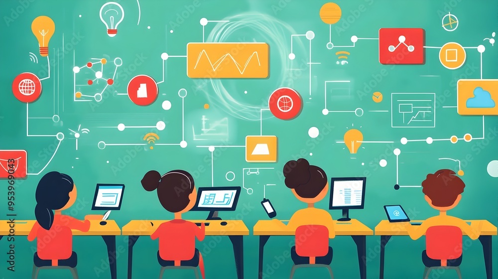 Poster graphic depicting a range of innovative iot connected learning tools and devices designed to enhance