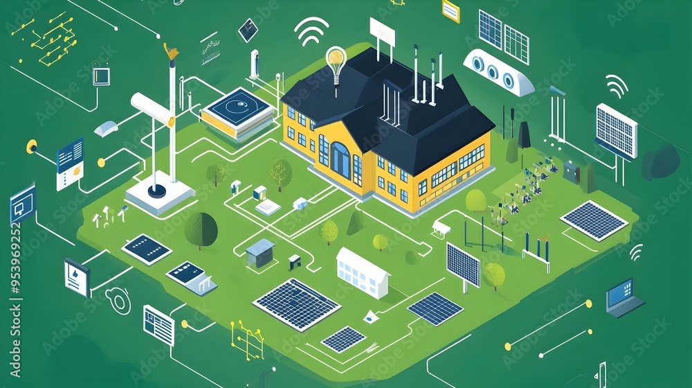Poster innovative graphic showcasing iot enabled energy management system for schools enabling efficient mo