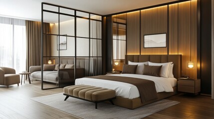 Stylish hotel bedroom interior with sofa and bed, glass partition, Generative Ai