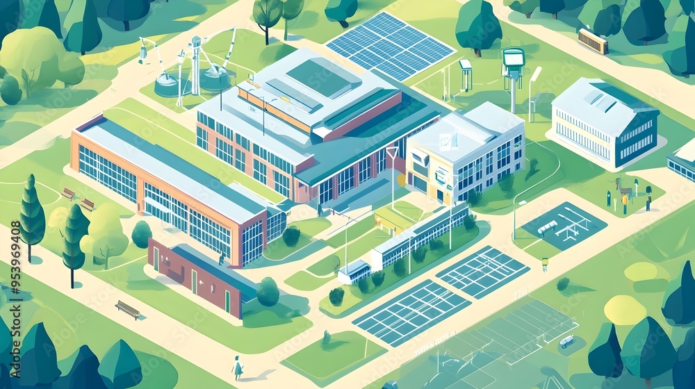 Poster graphic showcasing an iot powered energy management system designed for schools featuring smart sens