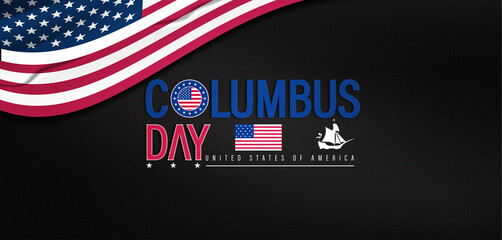 The USA flag is prominently featured, representing Columbus Day and the historical significance of the explorer's journey