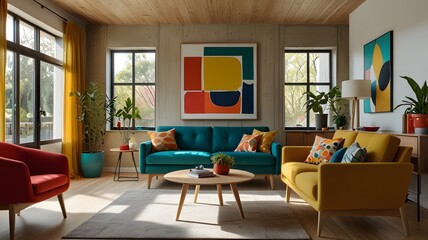 Fototapeta premium A sunlit living room Scandinavian design with a mix of bright multicolored furniture. The space a mustard yellow sofa, a teal armchair, and a vibrant red accent chair oak wood abstract wall art 