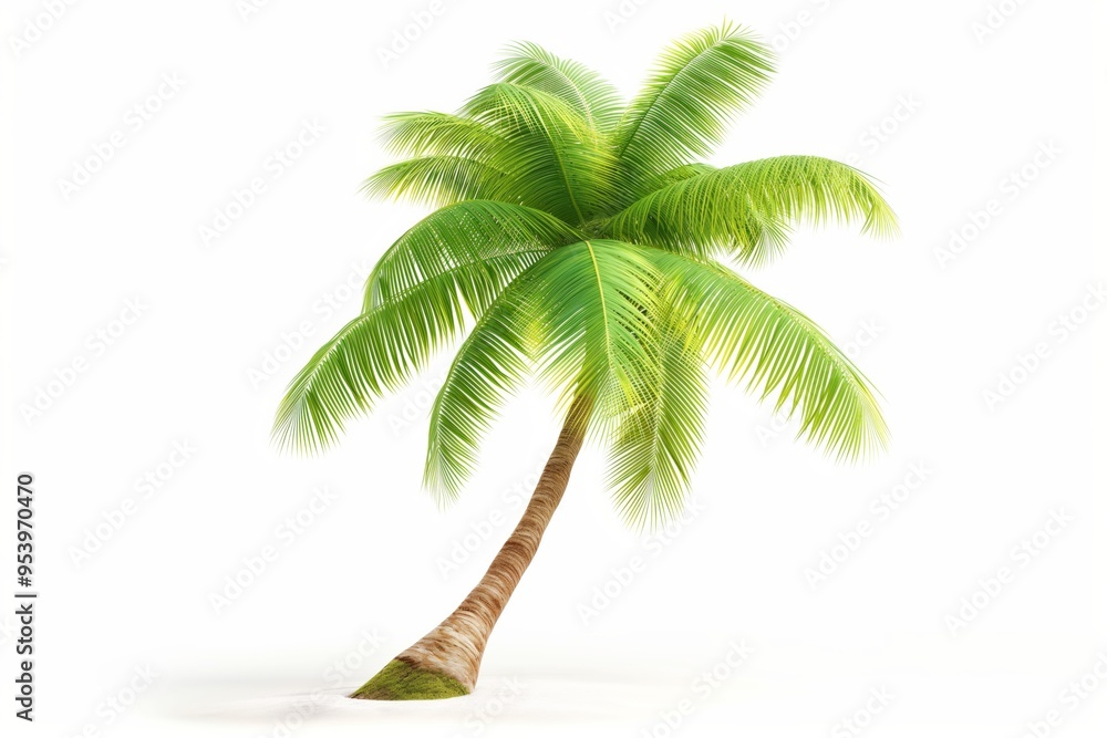 Poster a palm tree is standing upright on a white background. the tree is the main focus of the image, and 