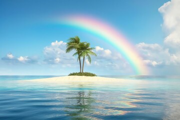 Fototapeta premium A tropical island with a palm tree and a rainbow in the sky