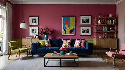 A stylish living room designed in Scandinavian style, bold color. The furniture a fuchsia pink sofa, a lime green armchair, and a navy blue ottoman. Abstract art pieces in colors adorn the wall