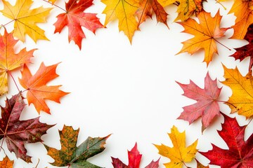 Fototapeta premium Autumn Maple Leaves Flat Lay White Background created with Generative AI
