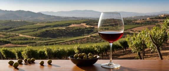 Sherry Glass with Olives and Andalusian Vineyard View