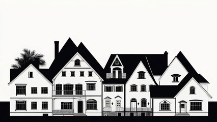silhouette of building facade, black and white line drawing illustration of old houses scheme in white background  
