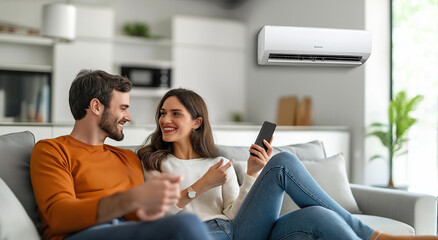 A couple sitting on a couch, with an air conditioner in the background.
