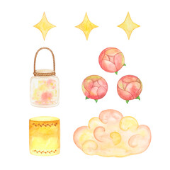 Watercolor set of elements. Hand drawn magic jar, peonies, wish lantern, cloud and stars