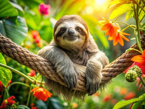 A serene sloth lounges on a tropical branch, its soft fur glistening in the warm sunlight, epitomizing relaxation