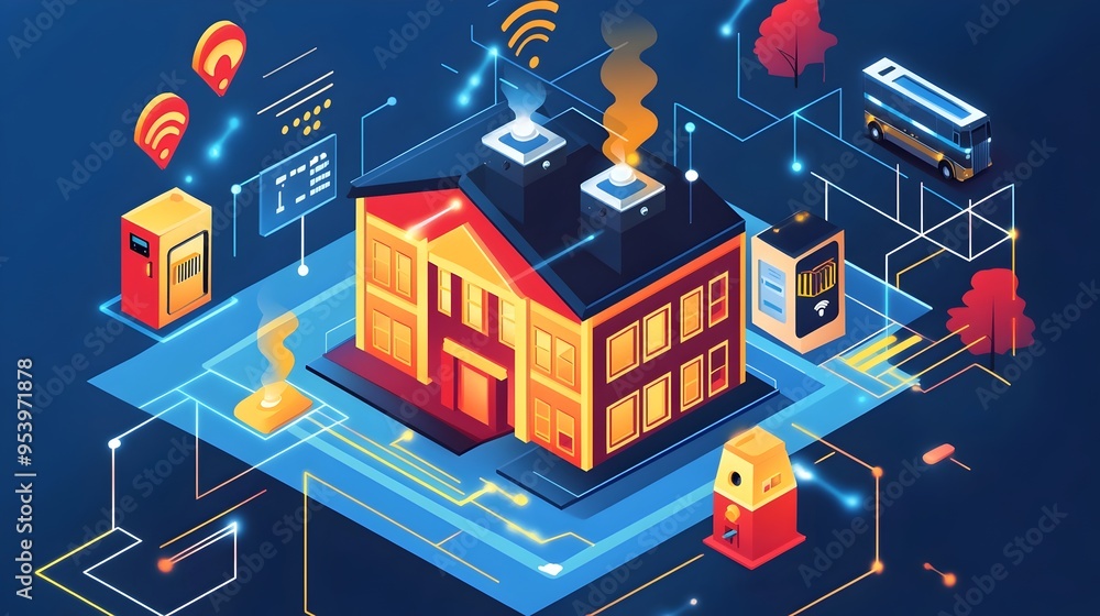 Aufkleber innovative graphic design showcasing a smart fire alarm system with iot internet of things connectiv