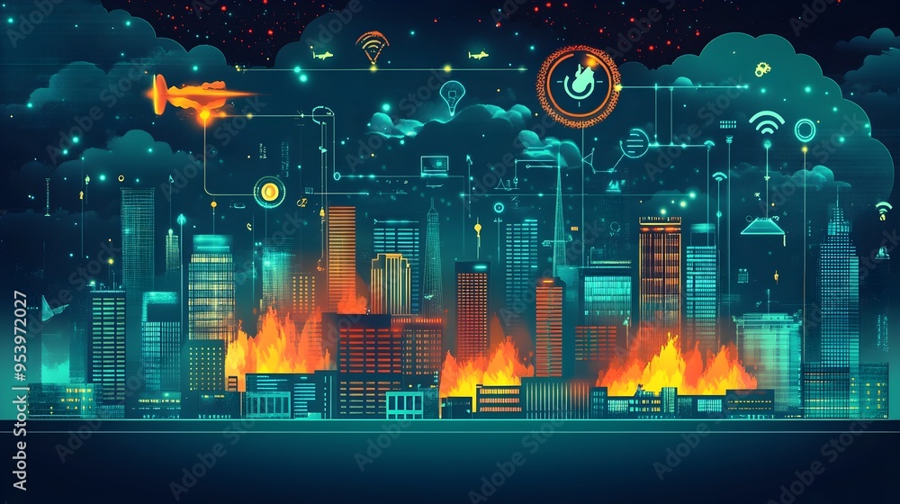 Poster intelligent iot powered real time fire monitoring system for smart urban areas a graphic depicting a