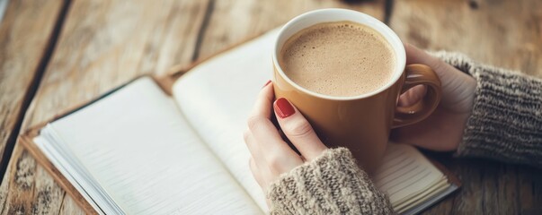 Person holding a coffee cup in cozy sweater, relaxing with an open book on a rustic wooden table.