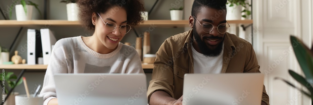 Aufkleber two people are sitting at a table with two laptops in front of them. they are smiling and seem to be