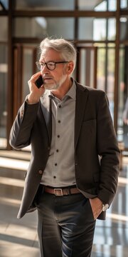 A man in a suit is talking on his cell phone. He is wearing glasses and has a serious expression on his face