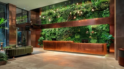 Modern hotel lobby with green wall, copper reception desk and green sofa.
