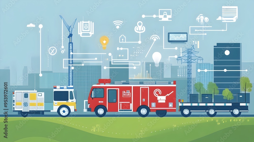 Poster cutting edge graphic depicting smart communication systems leveraging iot technology to enhance fire