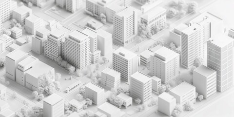 Isometric White City Model, Clean Aerial View of Simplified Urban Layout, Buildings and Streets in a Minimalist Style, Monochrome Architecture Design