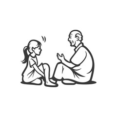 A young girl listening attentively to an older man both sitting on the floor