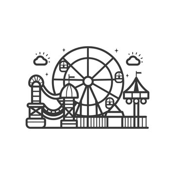 recommend clip art: Black and White Line Art Illustration of an Amusement Park
