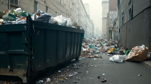 Dumpster overflowing with garbage in alleyway with trash scattered on ground