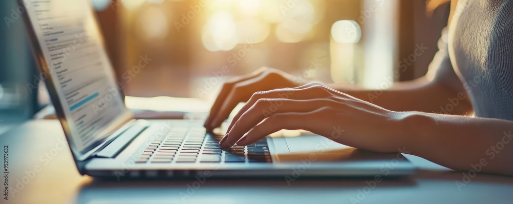 Poster person typing on a laptop with sunlight filtering through the window, creating a warm and productive