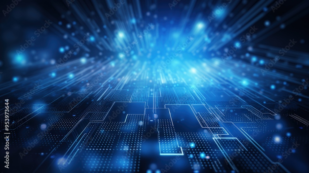 Poster a dynamic blue digital background featuring lines and dots, symbolizing technology and data flow.