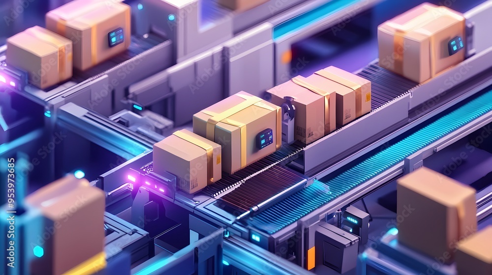 Poster graphic of an automated parcel sorting and processing system utilizing iot sensors and technology fo