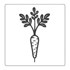 Black and White Line Drawing of a Carrot with Leaves