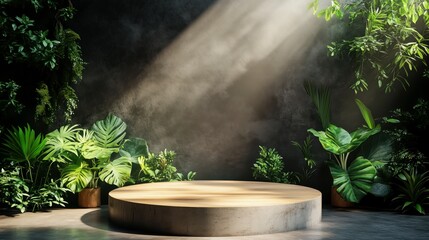 Wooden Podium Surrounded by Lush Greenery, Sunlight Streaming onto Minimalist Stage with Tropical Leaves, Earthy Tones and Natural Light in a Studio Setting